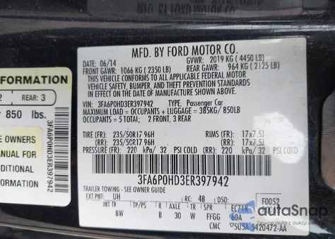 2014 Ford Fusion Se z USA, uszkodzony, nr VIN 3FA6P0HD3ER397942